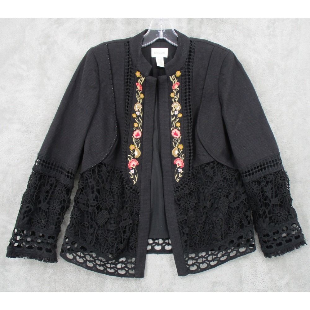 Chicos‎ Jacket 0 US Small Petite Floral Embroidered Lace Boho Open Front Cropped